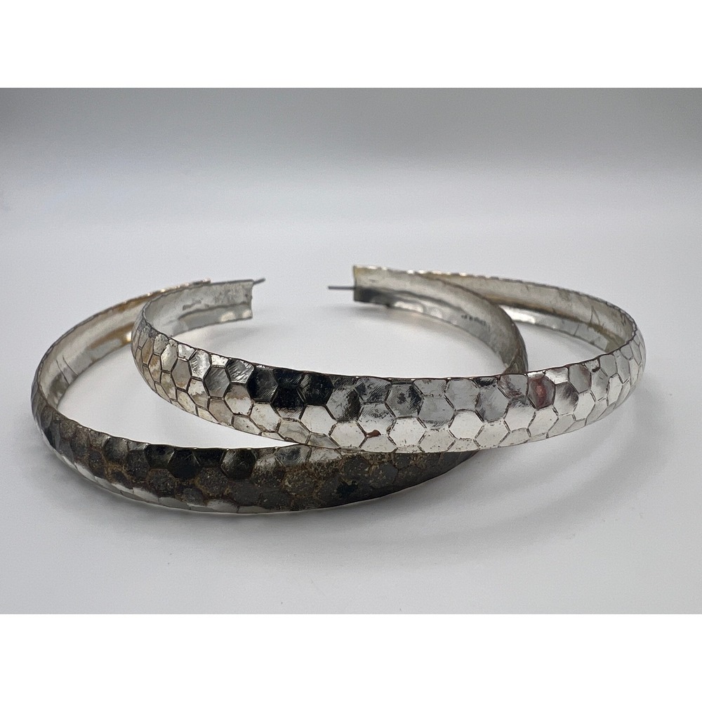 Y2K Silver Tone Honeycomb‎ Hammered Hoop Earrings Oversized Textured Statement